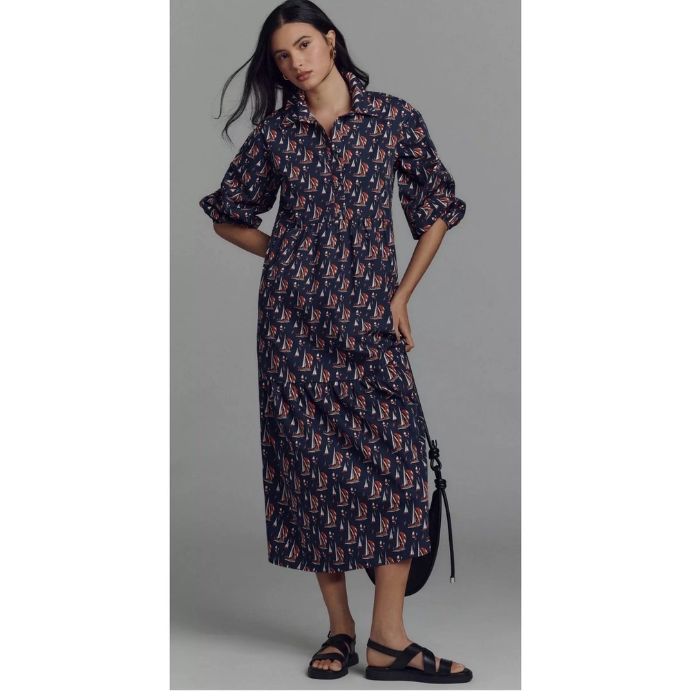 Anthropologie x Maeve The Bettina Tiered Shirt Dress Navy Sailboat Midi 1X